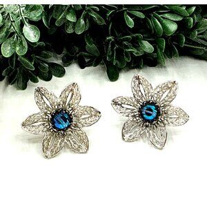 Vintage Filigree Flower Clip on Earrings Silver Tone Blue Iridescent Gem by Cele